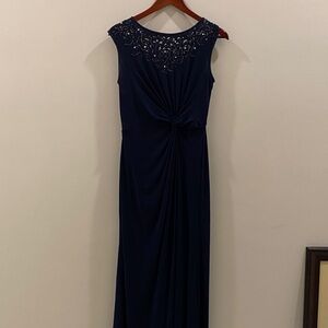 Beaded Navy Evening Maxi Dress with Twist Front